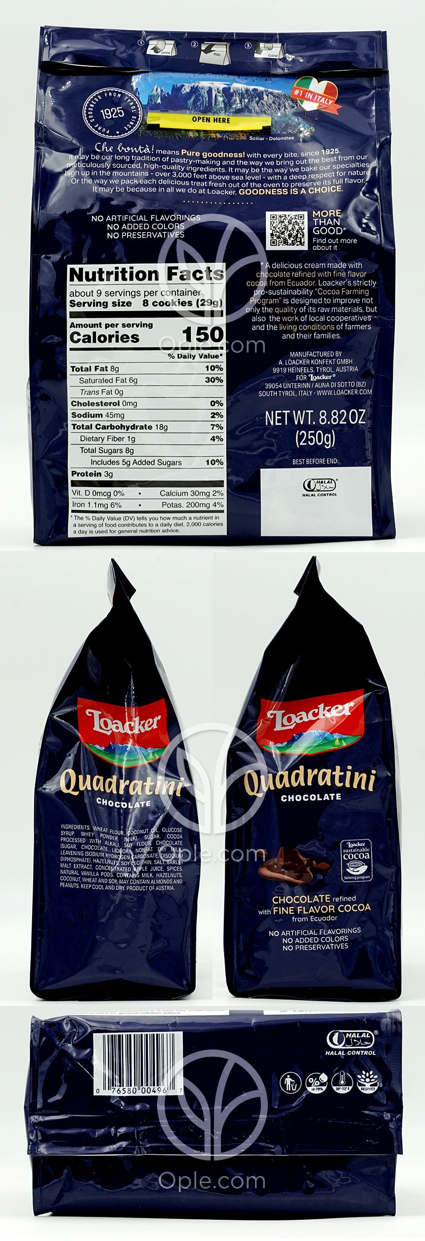 로아커_콰드라티니 초콜릿 웨이퍼 쿠키, 250g — 후면
