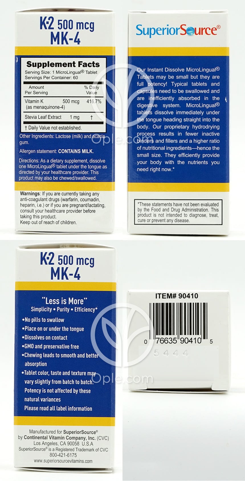Vitamin K-2 (MK-4) 500 mcg, 60 Instant Dissolve Tablets — 후면