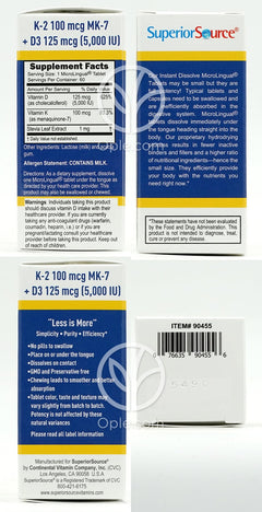 슈페리어소스_비타민 K-2 100mcg (MK-7) 위드 비타민 D 5000IU, 60 인스턴트 디졸브타블렛