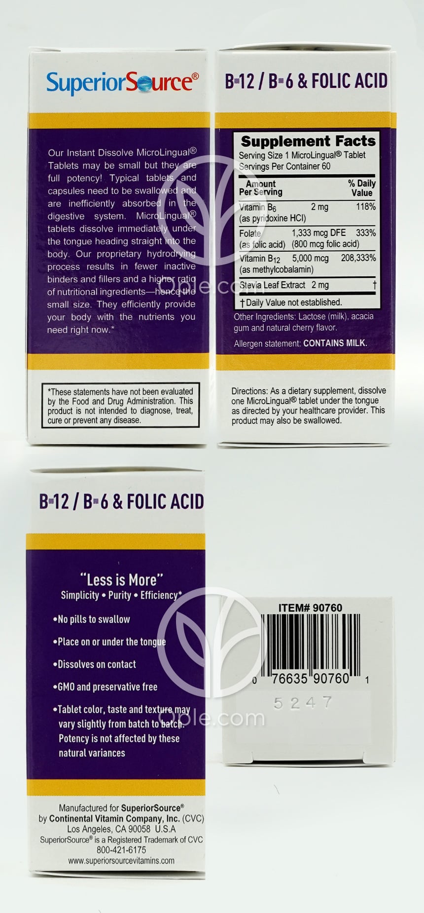 슈페리어소스_노 샷 메틸코발라민 B-12 5000mcg 위드 B6&엽산, 60 인스턴트 디졸브타블렛 — 후면