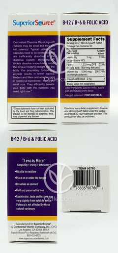슈페리어소스_노 샷 메틸코발라민 B-12 5000mcg 위드 B6&엽산, 60 인스턴트 디졸브타블렛