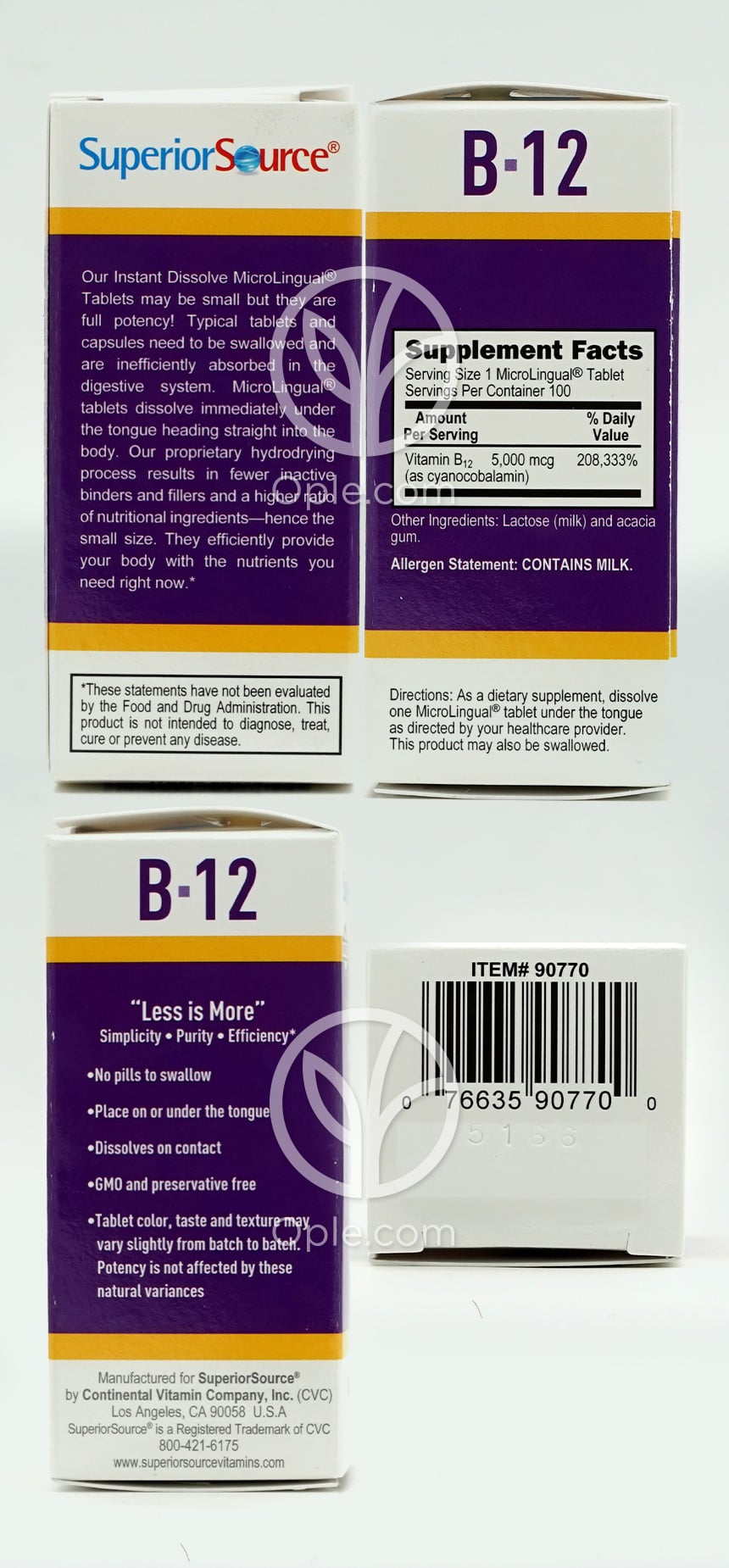 슈페리어소스_노 샷 시아노코발라민 B-12 5000mcg, 100 인스턴트 디졸브타블렛 — 후면