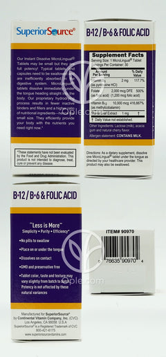 슈페리어소스_노 샷 메틸코발라민 B-12 10000mcg 위드 B6&엽산, 30 인스턴트 디졸브타블렛