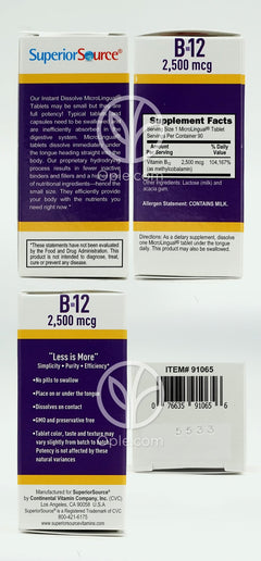 슈페리어소스_노 샷 메틸코발라민 B-12 2500mcg, 90 인스턴트 디졸브타블렛