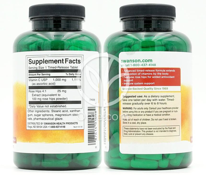 スワンソン_ビタミンC 1,000mg ローズヒップ配合、250粒 — 후면