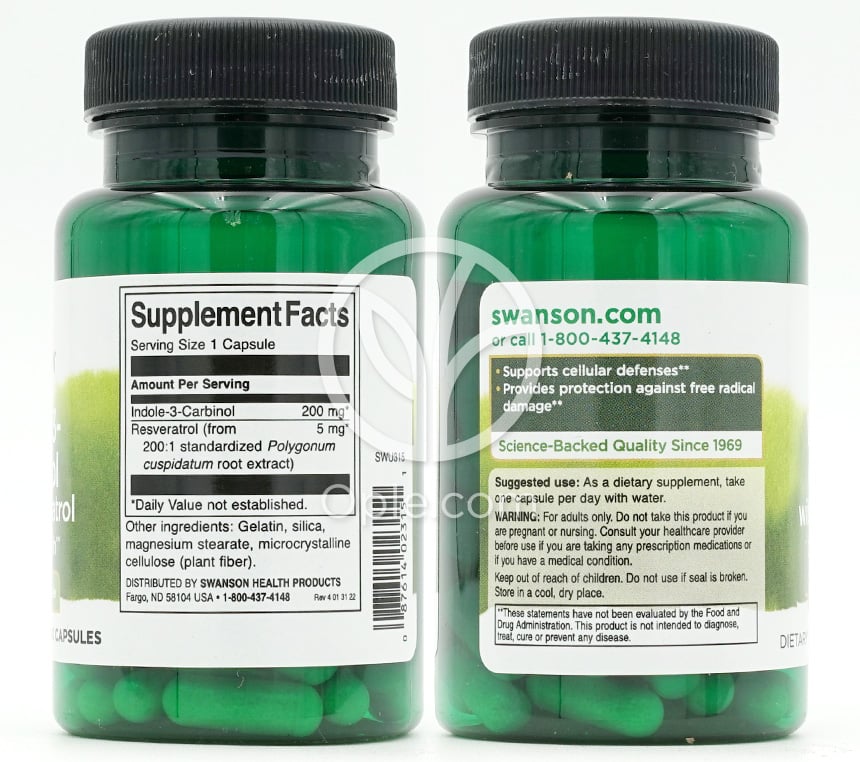 스완슨_인돌-3-카비놀 위드 레스베라트롤 200mg, 60캡슐 — 후면