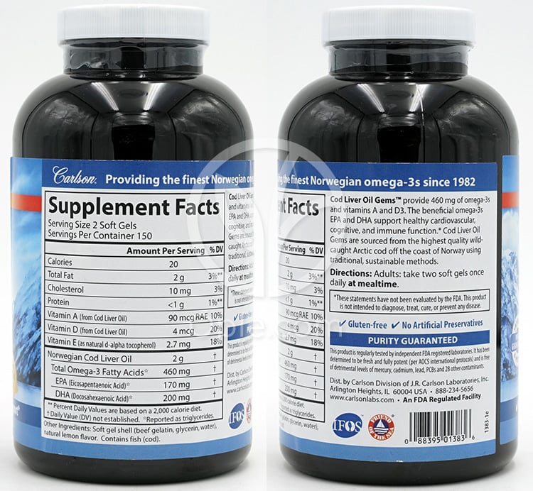 Carlson Labs_ノルウェー産タラ肝油 460mg、300ソフトジェル — 후면