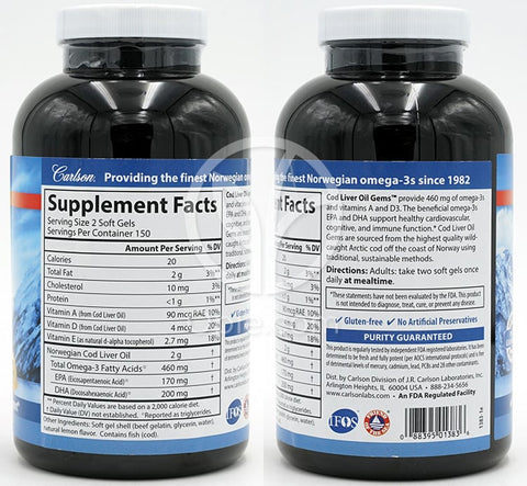 Carlson Labs_ノルウェー産タラ肝油 460mg、300ソフトジェル