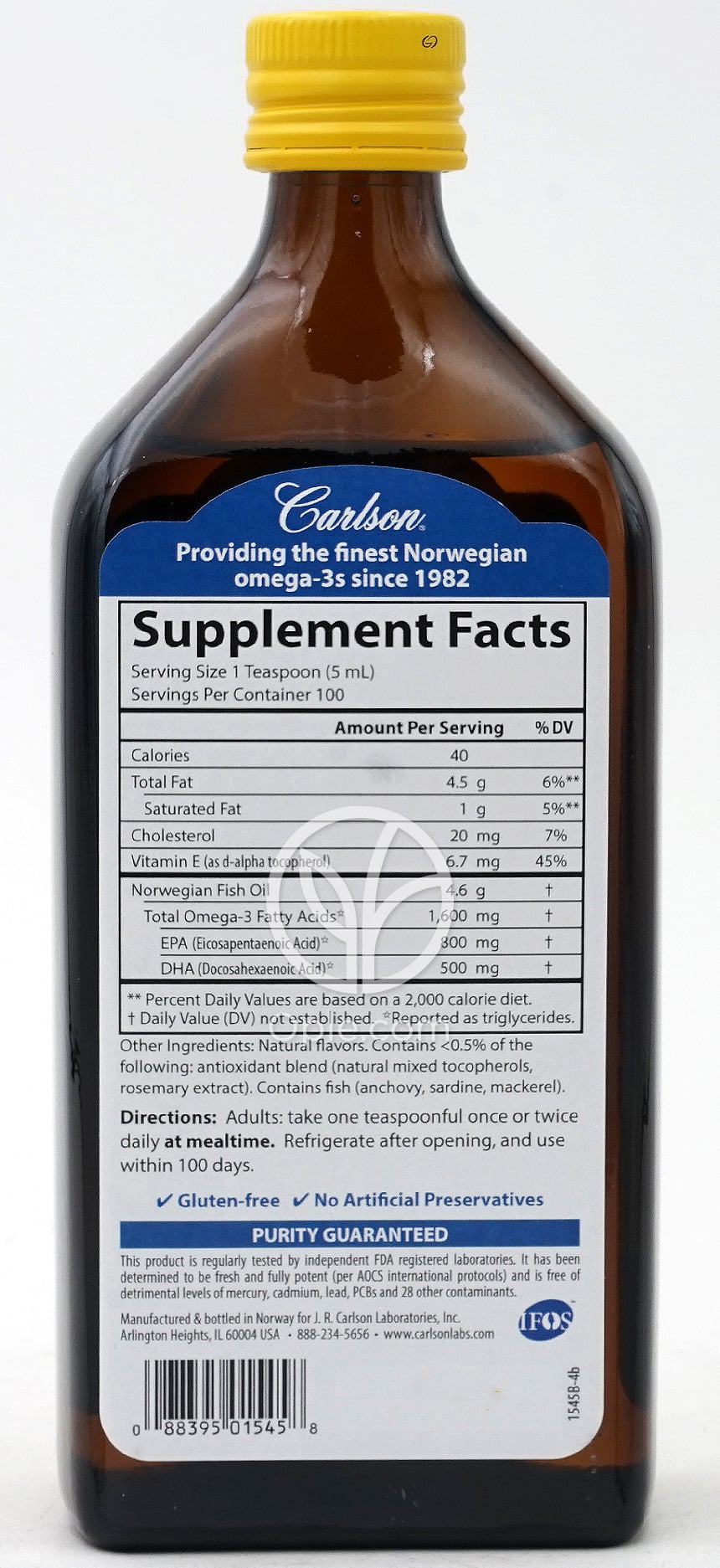カールソンラボ_フィッシュオイル 1600mg ナチュラルレモン味、500ml — 후면