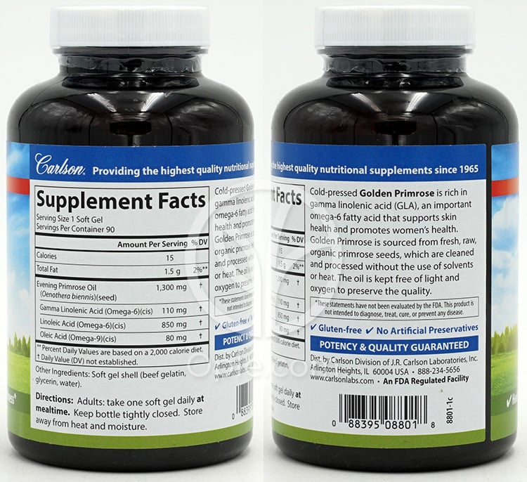 Carlson Labs 月見草オイル ガンマリノレン酸 1300mg, 90ソフトジェル — 후면