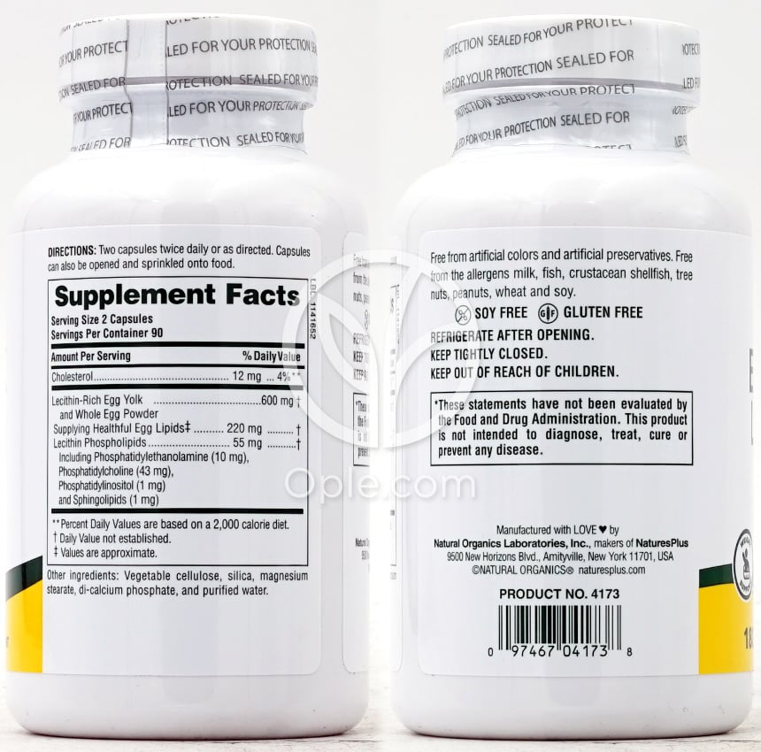 ネイチャーズプラス_卵黄レシチン 600mg、180カプセル — 후면
