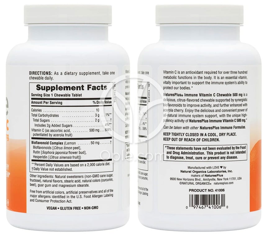 네이쳐스플러스_이뮨 비타민 C 500mg 시트러스 맛, 100 츄어블 — 후면