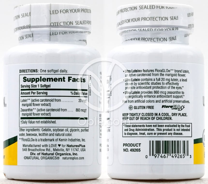 네이쳐스플러스_울트라 루테인 20mg 위드 860mcg 지아잔틴, 60 소프트젤 — 후면