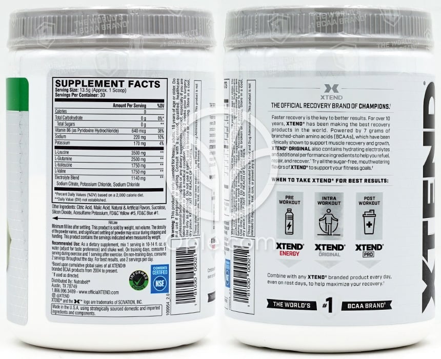 XTEND オリジナル BCAA レモンライムスクイズ 30食分、405g — 후면