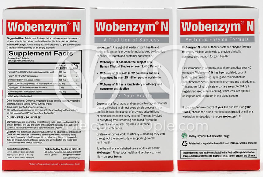 Wobenzyme N Joint Health,  800 Enteric Coated Tablets — 후면