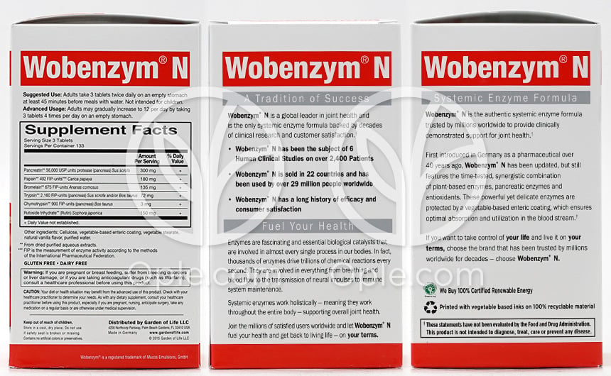 Wobenzyme N Joint Health,  400 Enteric Coated Tablets — 후면