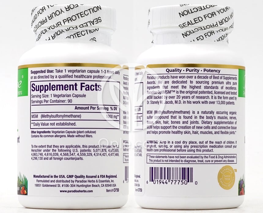 파라다이스허브_옵티MSM 1000mg, 90 베지캡슐 — 후면