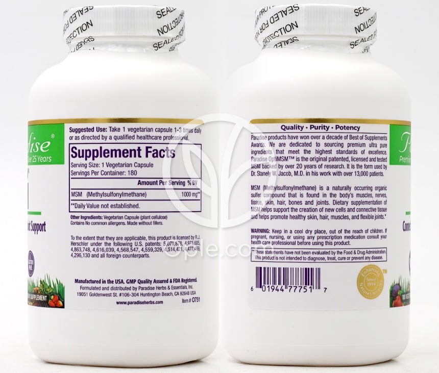 파라다이스허브_옵티MSM 1000mg, 180 베지캡슐 — 후면