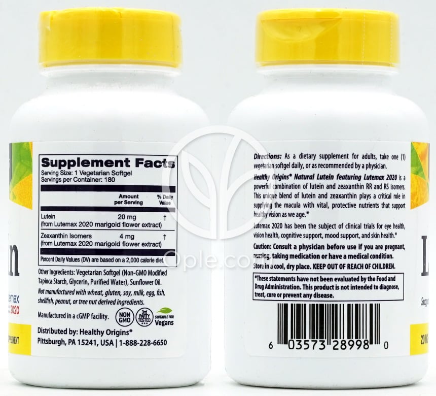 ヘルシーオリジンズ_ナチュラルルテイン 20mg、180ベジソフトジェル — 후면