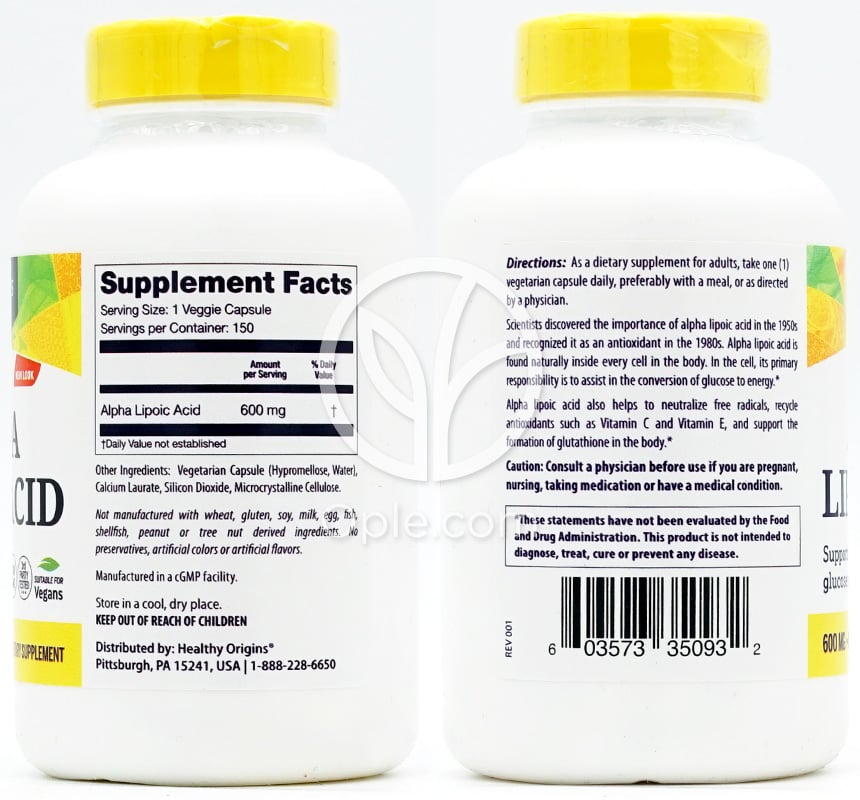 Healthy Origins_アルファリポ酸 600mg、150植物性カプセル — 후면