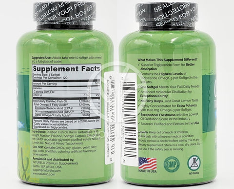 ナチュレロ_オメガ-3 トリグリセリドフィッシュオイル 1100mg、120ソフトジェル