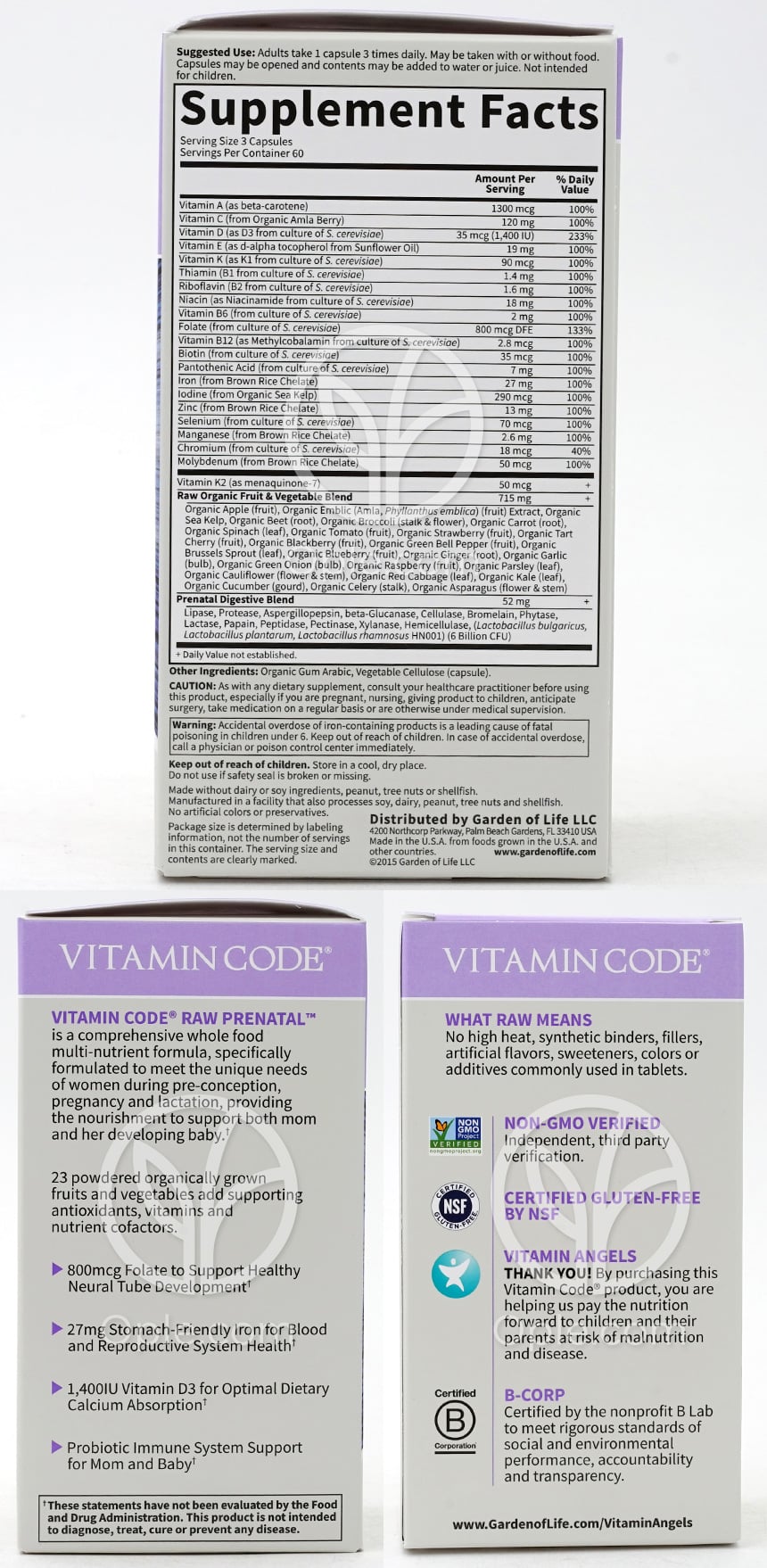 Vitamin Code, Raw Prenatal, Whole Food Multivitamin  180 Vegetarian Tablets — 후면