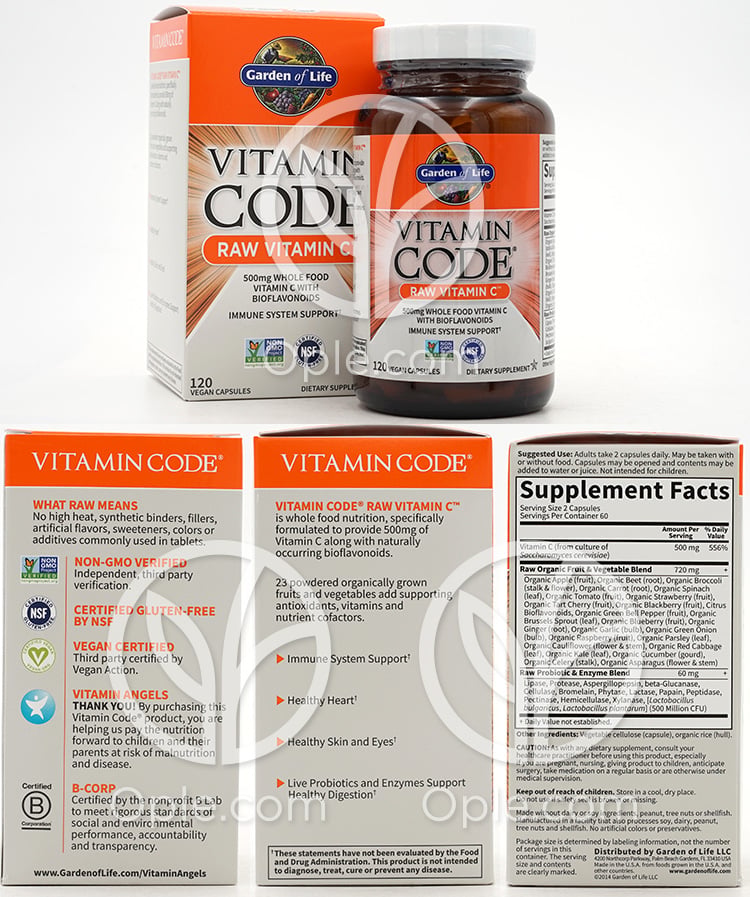 Vitamin Code、ロービタミンC 500mg ビーガンカプセル120粒 — 후면