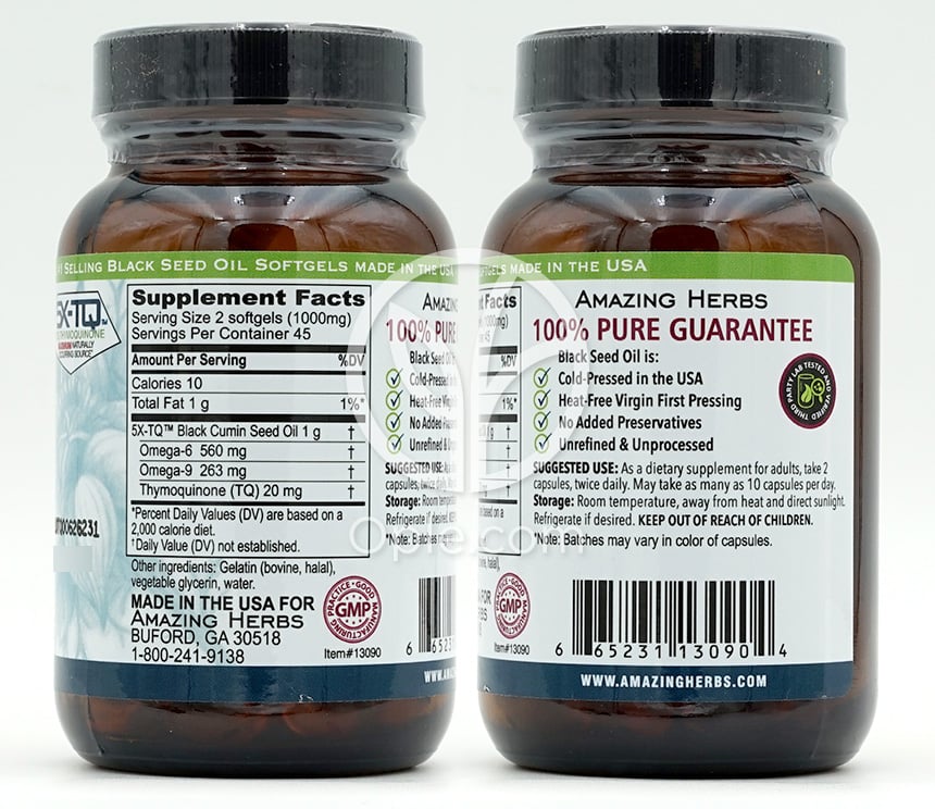 アメイジングハーブ_プレミアムブラックシード100%ピュアコールドプレスブラッククミンシードオイル500mg、90ソフトジェルカプセル — 후면