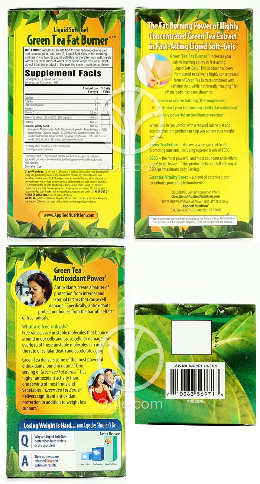 Applied Nutrition_グリーンティーファットバーナー 400mg マキシマムストレングス、200 ファストアクティングリキッドソフトジェル — 후면