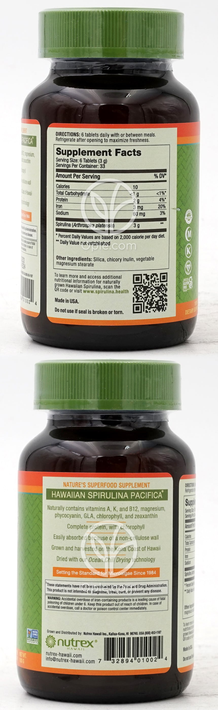 뉴트렉스하와이_퓨어 하와이안 스피루리나 500mg, 200타블렛 — 후면