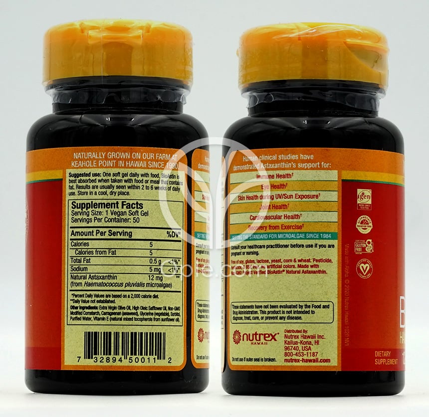 뉴트렉스하와이_바이오아스틴 하와이안 아스타잔틴 12mg, 50 소프트젤 — 후면