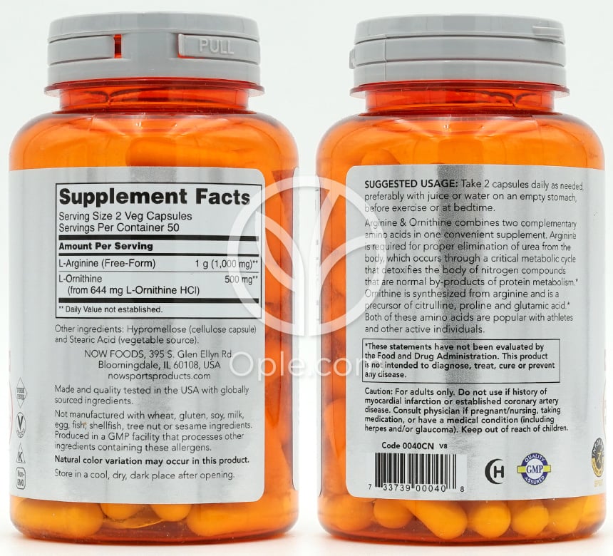 ナウフーズ_スポーツ アルギニン＆オルニチン 500mg / 250mg、ベジカプセル100粒 — 후면