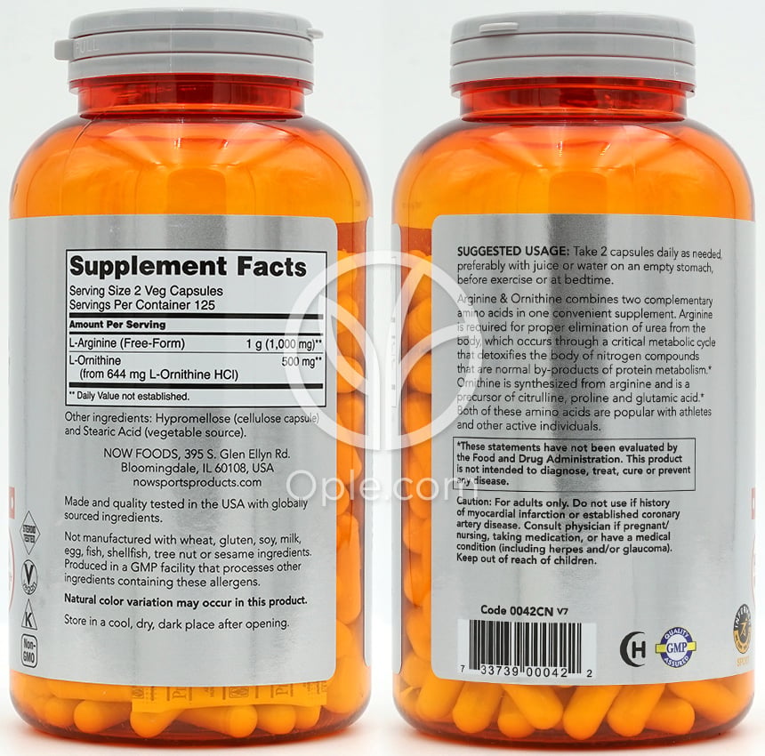 나우푸드_스포츠 아르기닌&오르니틴 500mg / 250mg, 250 베지캡슐 — 후면