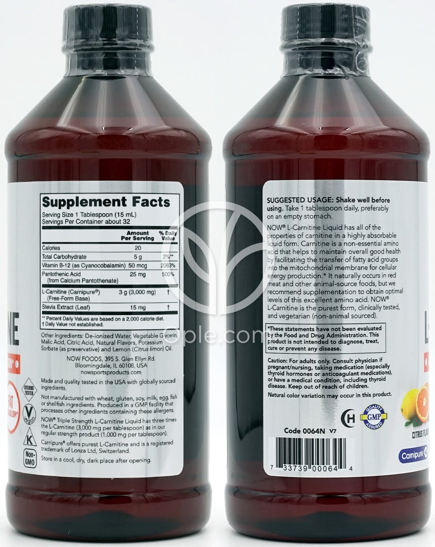 ナウフーズ_スポーツ トリプルストレングス L-カルニチン リキッド 3000mg シトラス味、473ml — 후면