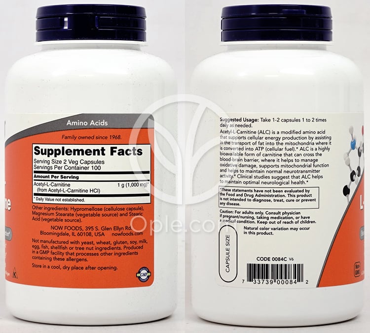 ナウフーズ_アセチル-L-カルニチン 500mg、ベジカプセル200粒 — 후면