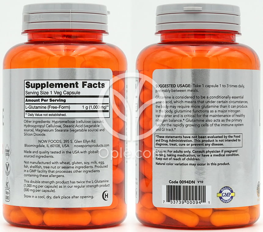 NOW Foods スポーツ L-グルタミン 1000mg、ベジカプセル120粒 — 후면