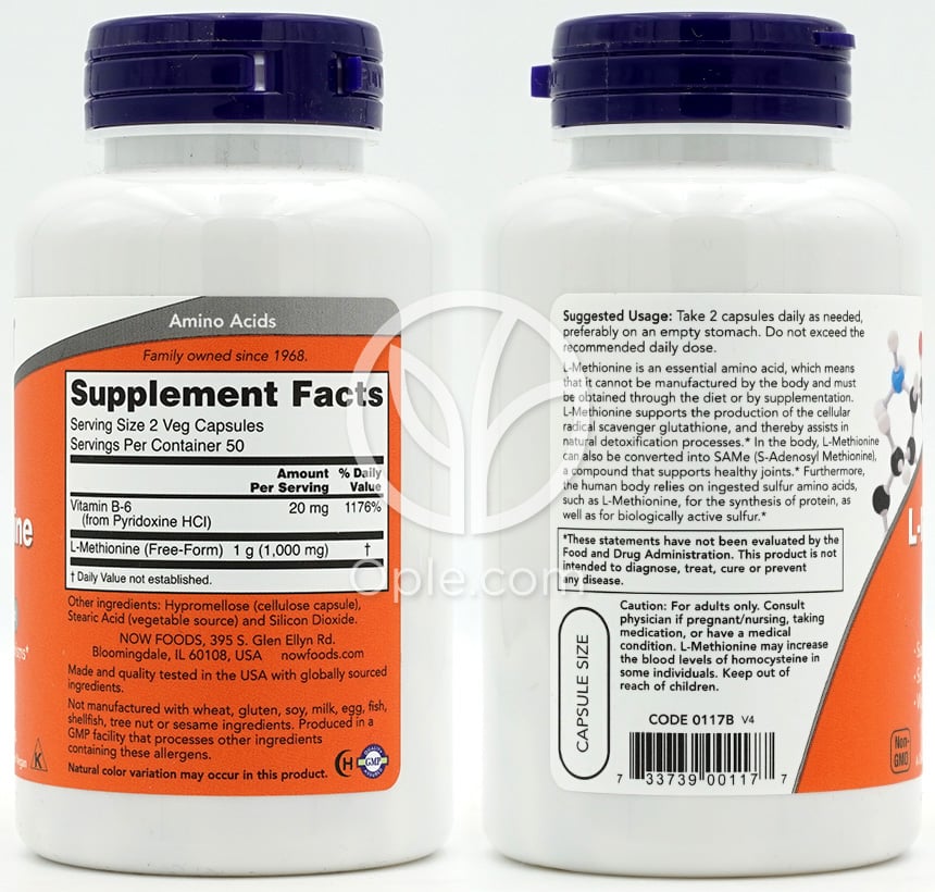 NOW Foods_L-メチオニン 500 mg、植物性カプセル100粒 — 후면