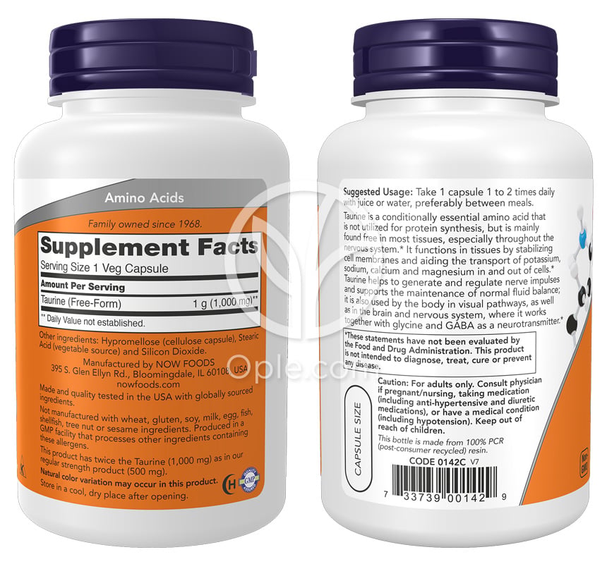 나우푸드_고함량 타우린 1000mg, 100 베지 캡슐 — 후면