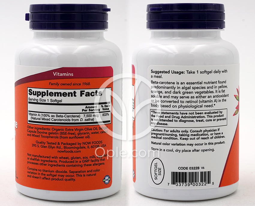 나우푸드_내추럴 베타카로틴 7500mcg (25000IU), 180 소프트젤 — 후면