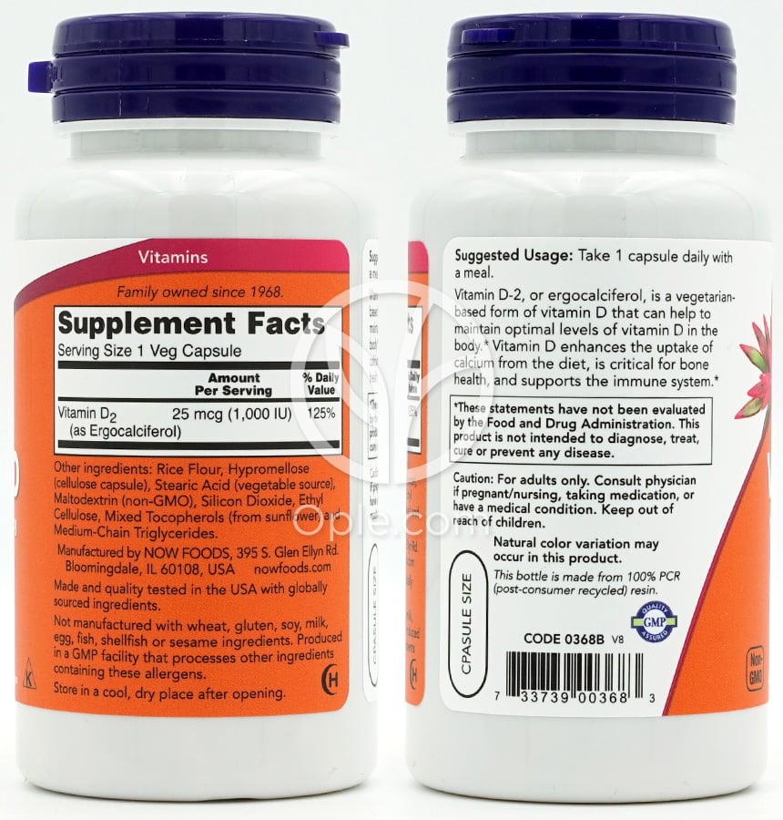 NOW Foods_ベジタリアン、ドライビタミンD 高力価 1000 IU、ベジカプセル120粒 — 후면
