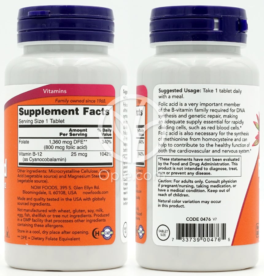 ナウフーズ_葉酸 800mcg ビタミンB12配合、250錠 — 후면