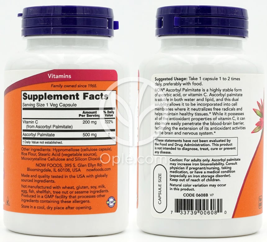 ナウフーズ_アスコルビン酸パルミテート 500 mg、植物性カプセル100粒 — 후면