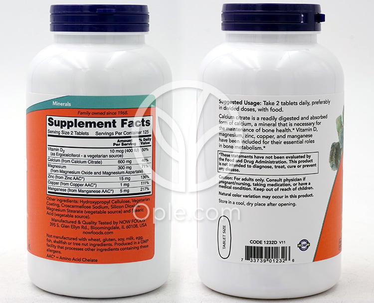 NOW Foods_クエン酸カルシウム 250錠 — 후면
