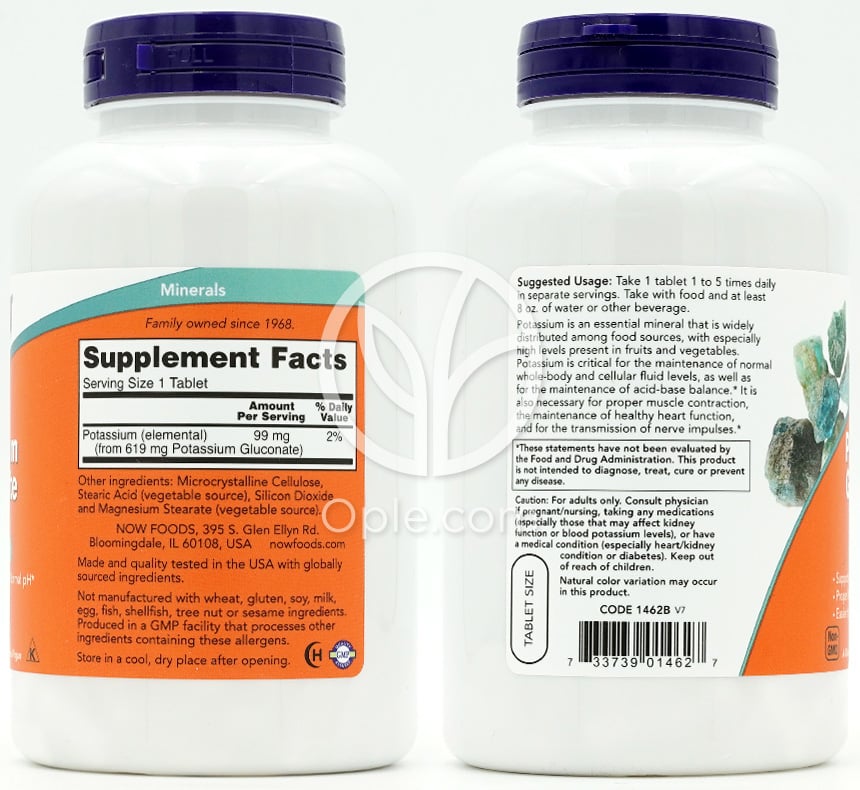 NOW Foods_グルコン酸カリウム 99mg、250錠 — 후면