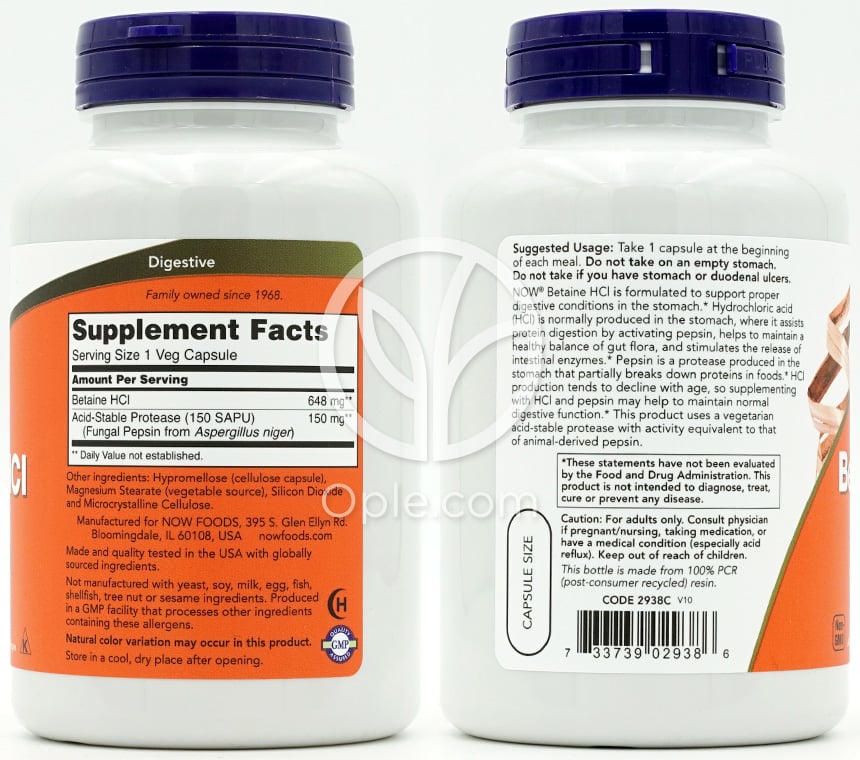 ナウフーズ_Betaine HCI 648 mg、ベジカプセル120粒 — 후면