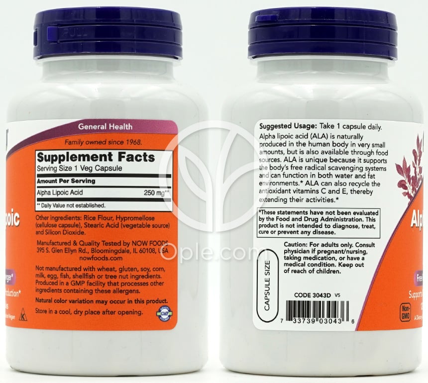 ナウフーズ_アルファリポ酸 250mg、植物性カプセル120粒 — 후면