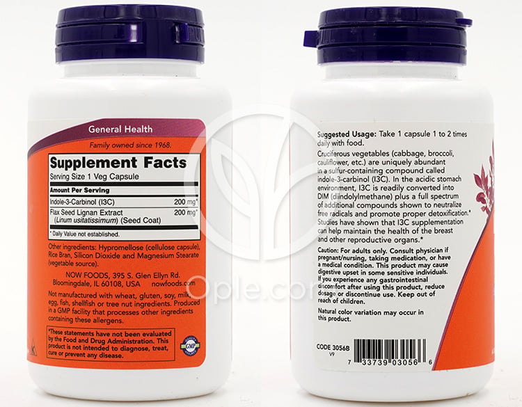 Now Foods_インドール-3-カルビノール (I3C) 200mg、ベジカプセル60粒 — 후면
