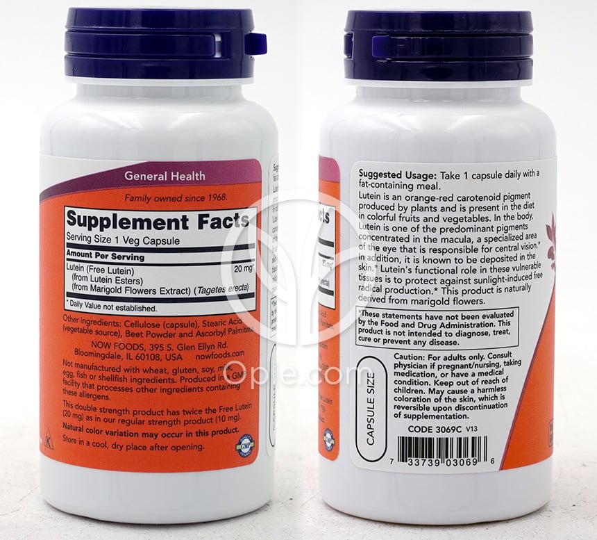ナウフーズ_ダブルストレングスルテイン、ルテインエステル由来フリー ルテイン 20mg 90植物性カプセル — 후면