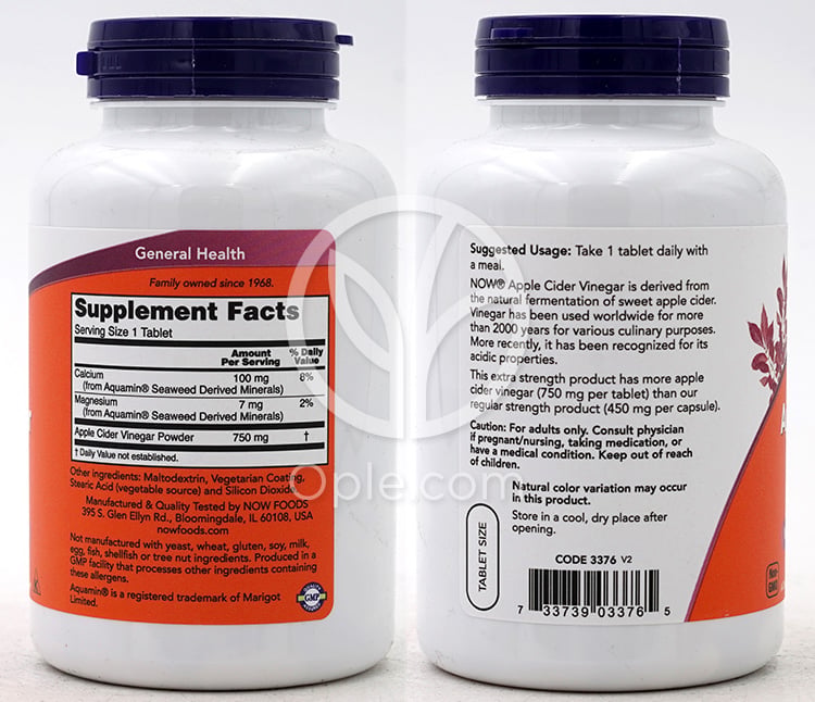 나우푸드_엑스트라 스트렝스 애플 사이다 비니거 750mg, 180타블렛 — 후면