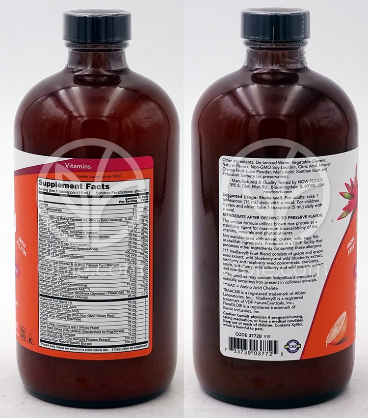 Now Foods_液体マルチビタミン キシリトール配合 鉄分不使用 トロピカルオレンジフレーバー 16液量オンス — 후면